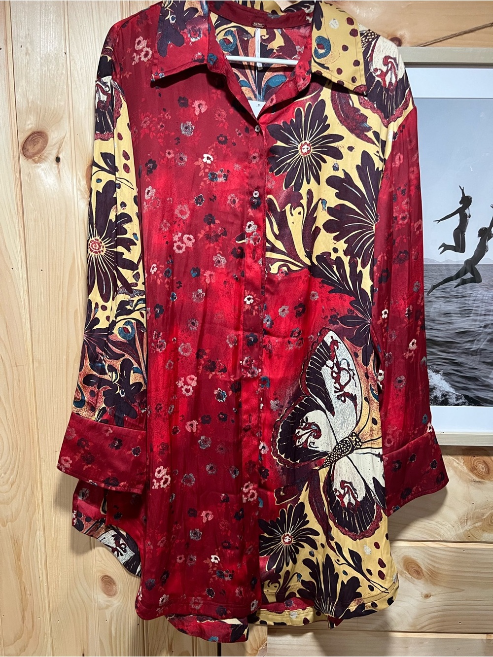 Free People Red and Yellow Floral Button-Down Blouse